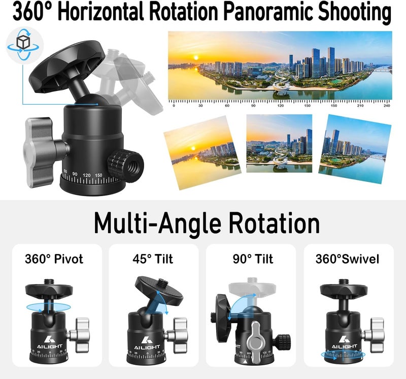 ailight Mini Ball Head, 360° Panoramic Tripod Head, Universal 1/4" to 3/8" Screw Adapter Swivel Mini Ball Head Screw Tripod Mount, Dual Cold Shoe Mount for DSLR Cameras Camcorder（2 Pack - Image 2
